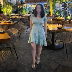 O. Vianca Sage Green Tie Back Satin Romper Dress. Off Shoulder.